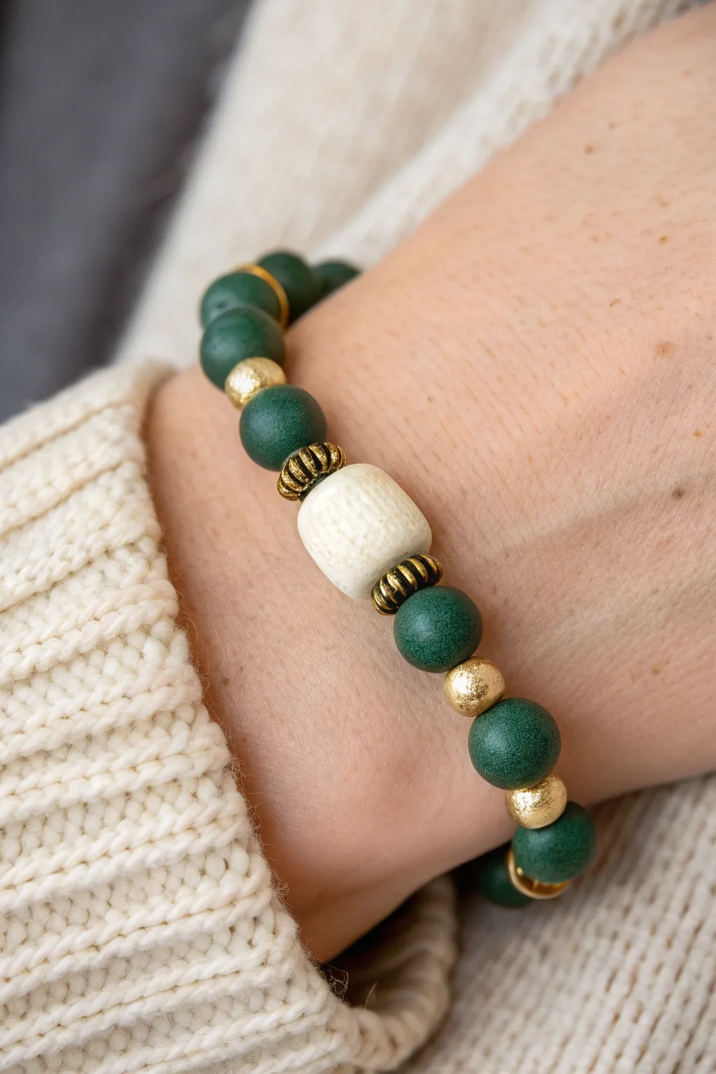 Minimal house-color clay bead bracelet with a bold initial centerpiece, styled on a cozy knit sleeve.