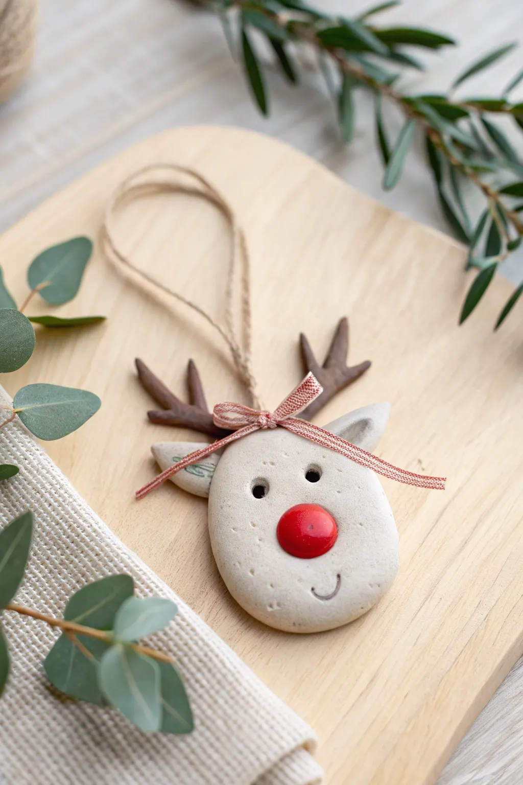 Chubby clay reindeer ornament with a bright nose, minimalist Scandinavian Christmas charm.