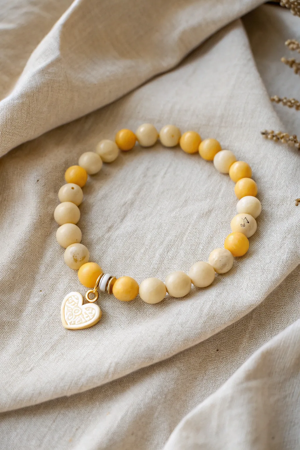 Minimal yellow clay bead bracelet with a single centered charm for a clean, boho-sweet look