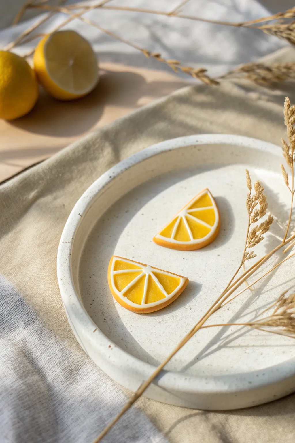 Bright lemon wedge studs in sunny yellow clay, styled simply on a clean ceramic tray.