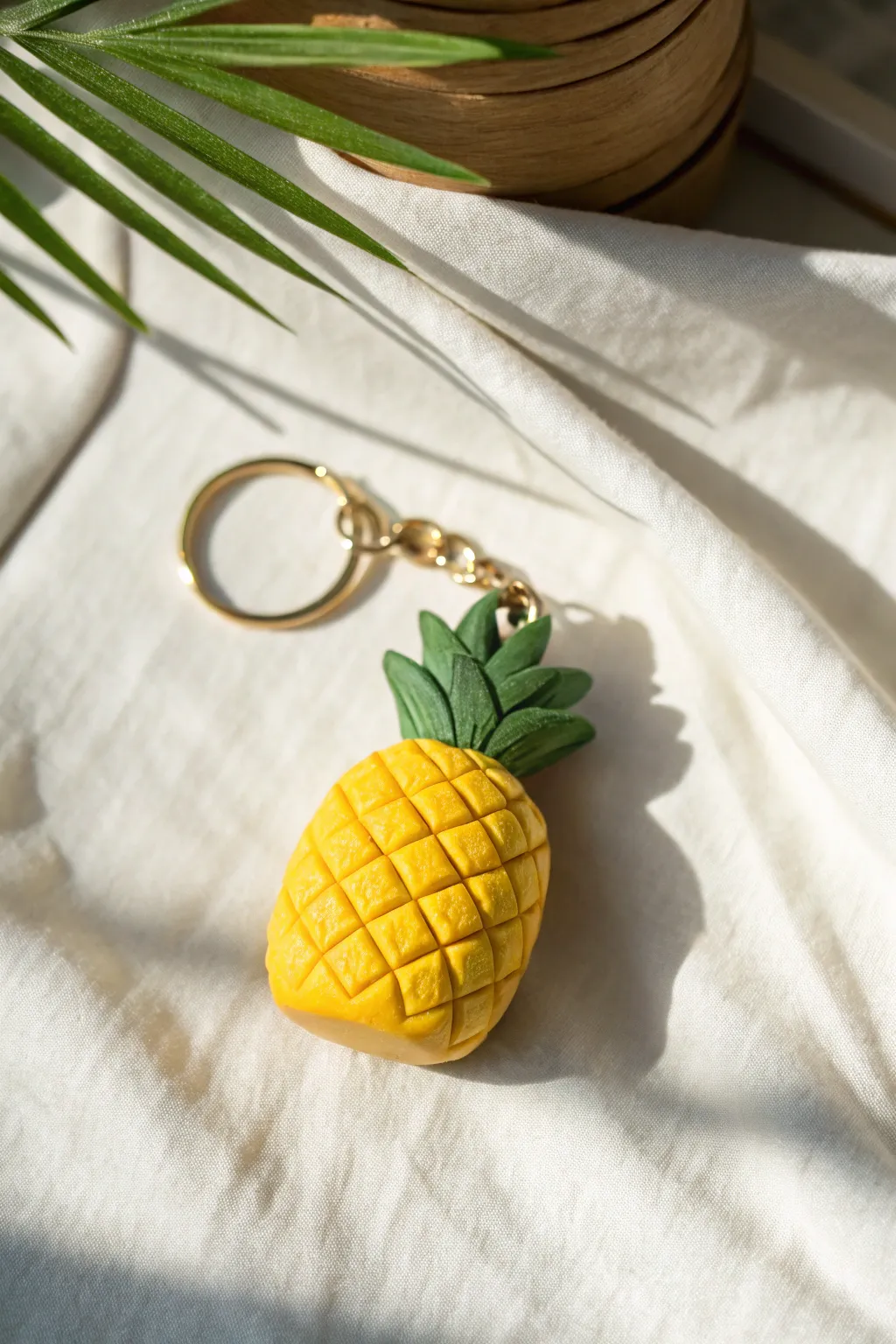 Sunny yellow polymer clay pineapple keychain with simple texture and leafy top, minimalist vibe