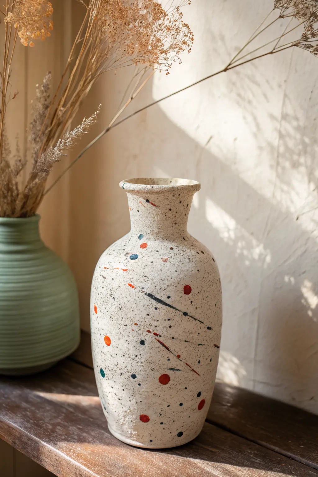 Minimal speckled vase with playful splatter accents, a modern boho statement for your shelf.