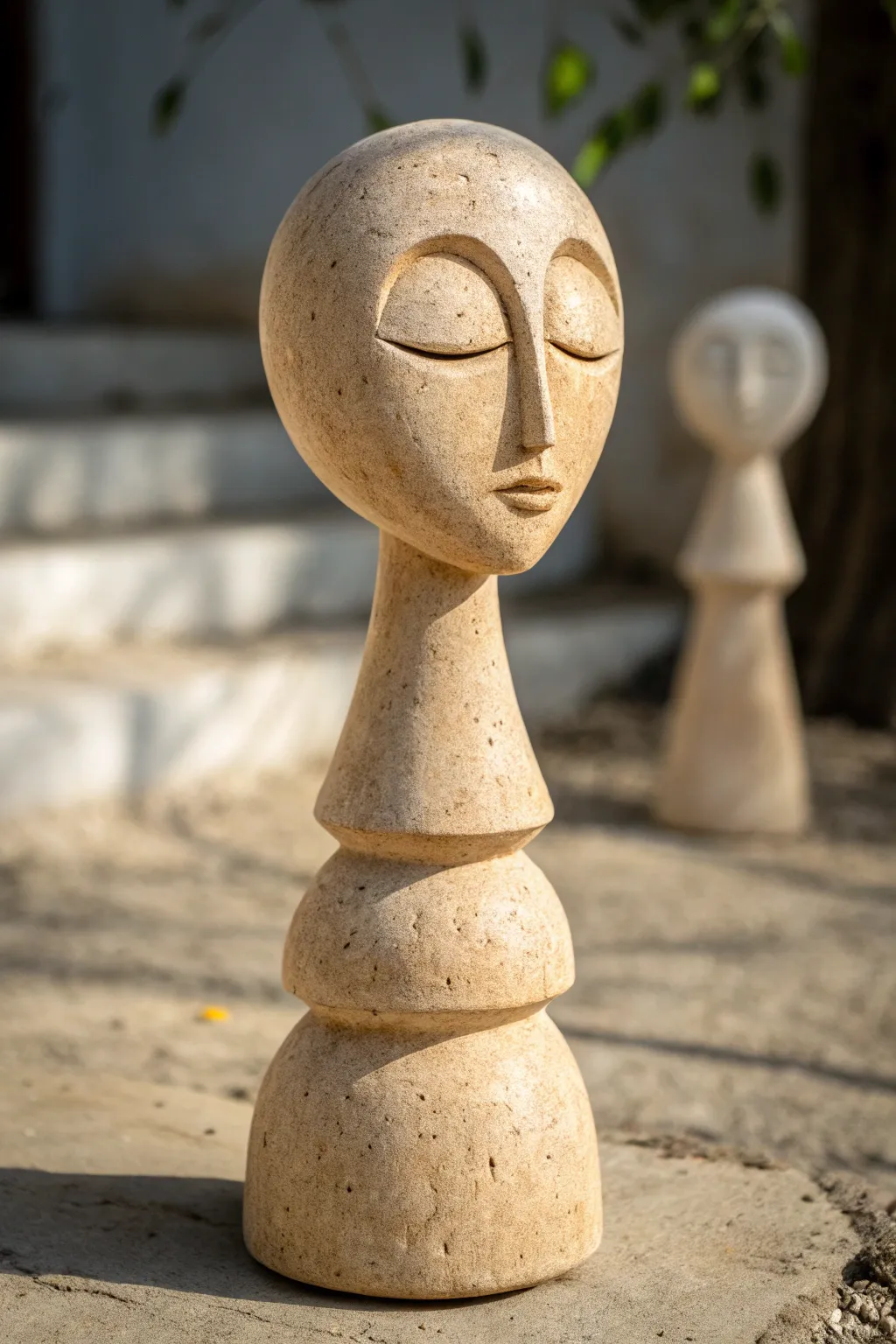 Minimalist featureless head totem: smooth stacked ovals for serene abstract clay decor