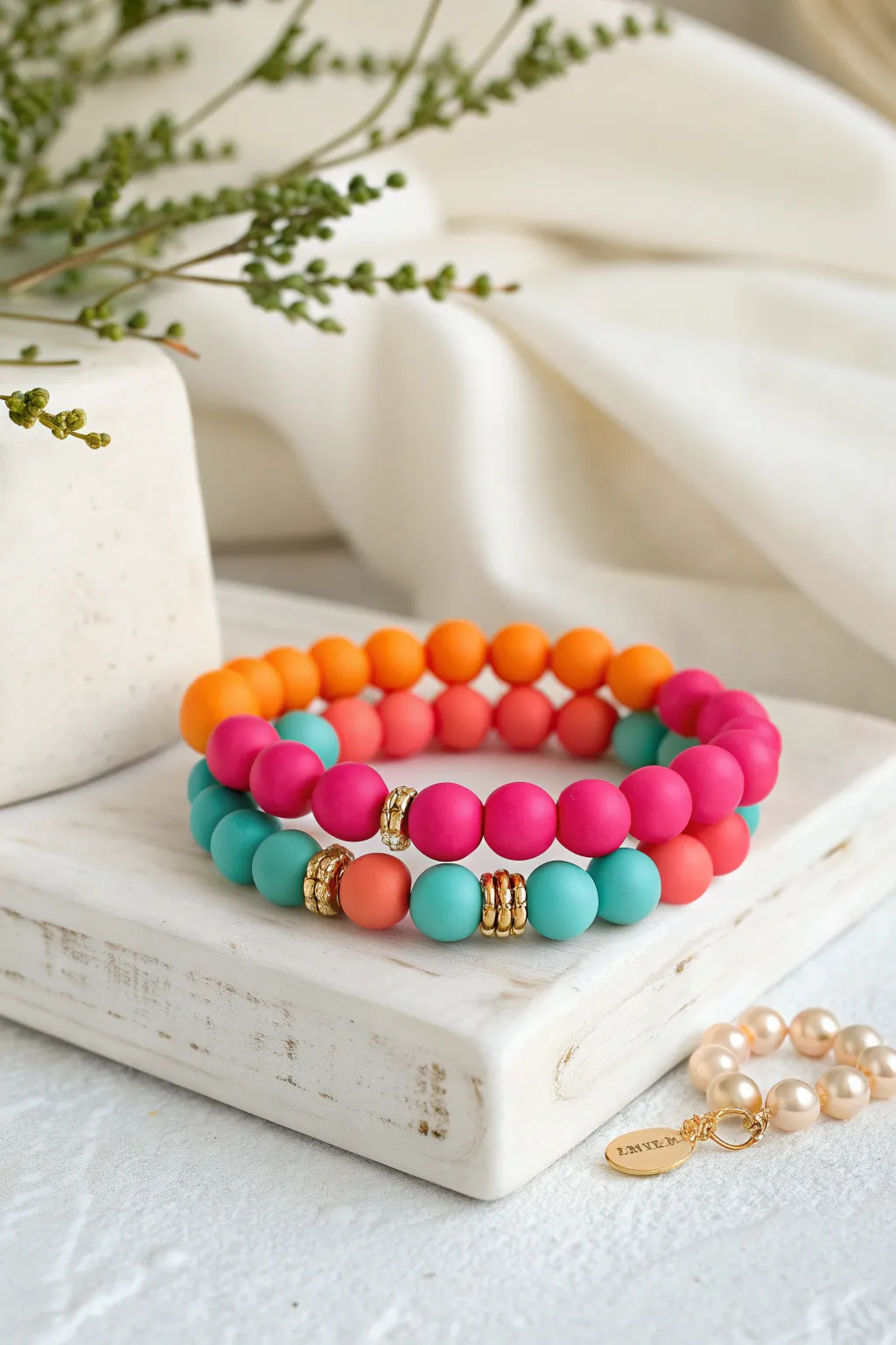 Preppy pop clay bracelet with gold-tone spacers, stacked with crisp white for contrast.