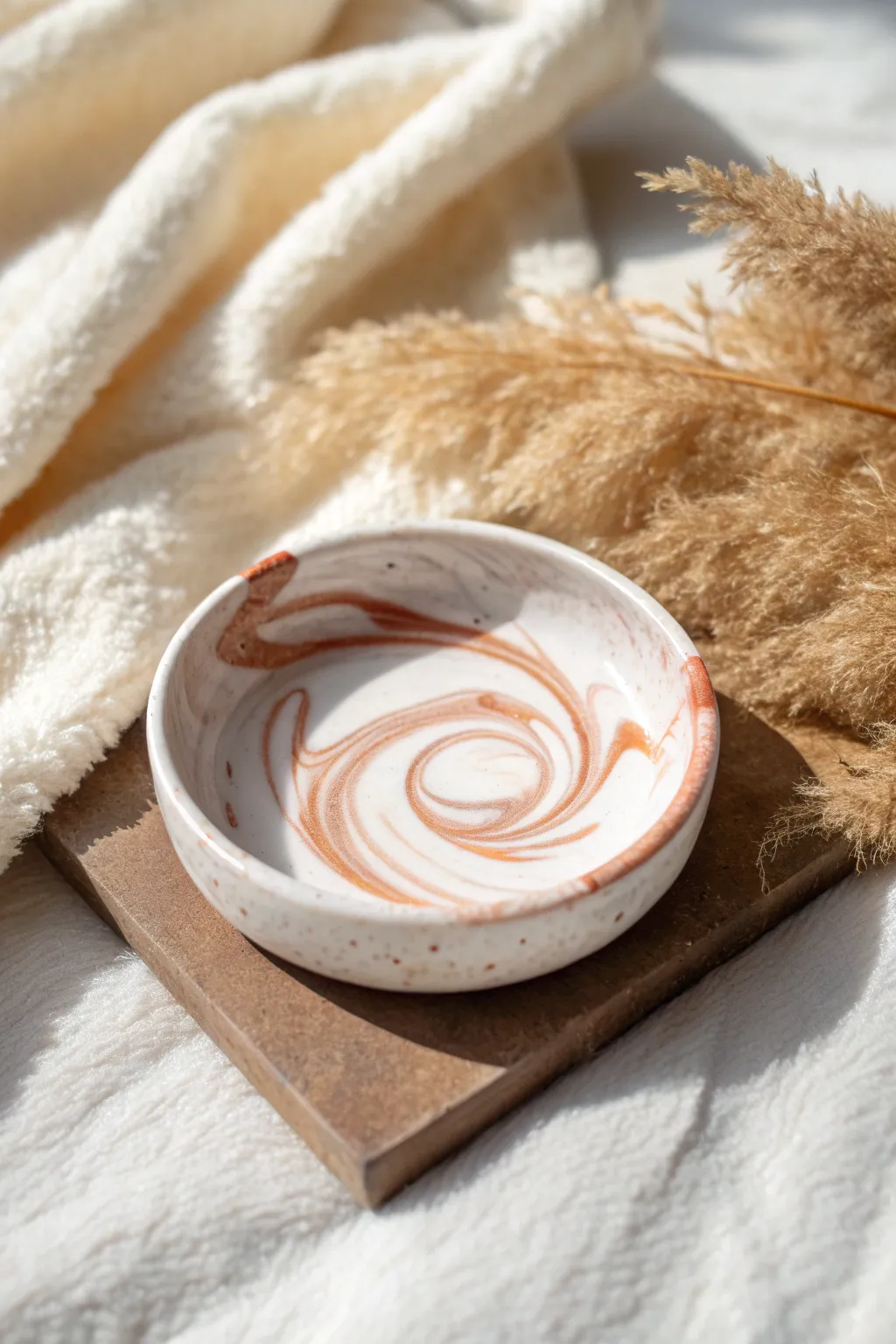 Marbled swirl mini dish in creamy white and terracotta, styled simply on soft textured fabric.