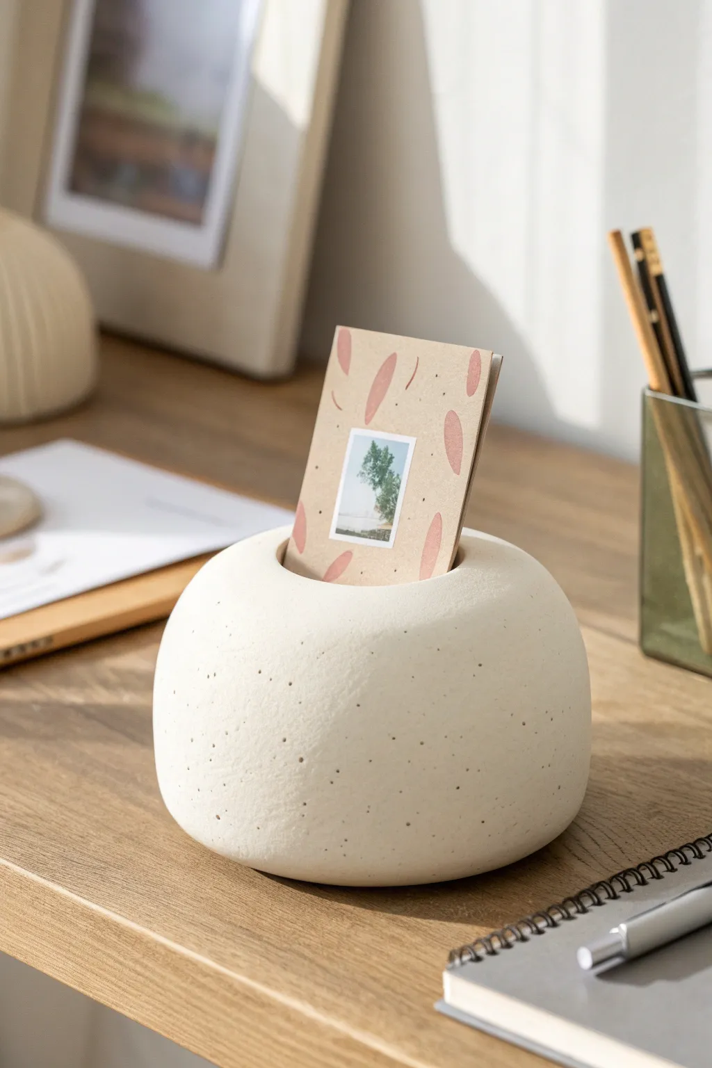 Easy clay photo holder stand: minimal rounded block that elevates your desk with calm boho style.