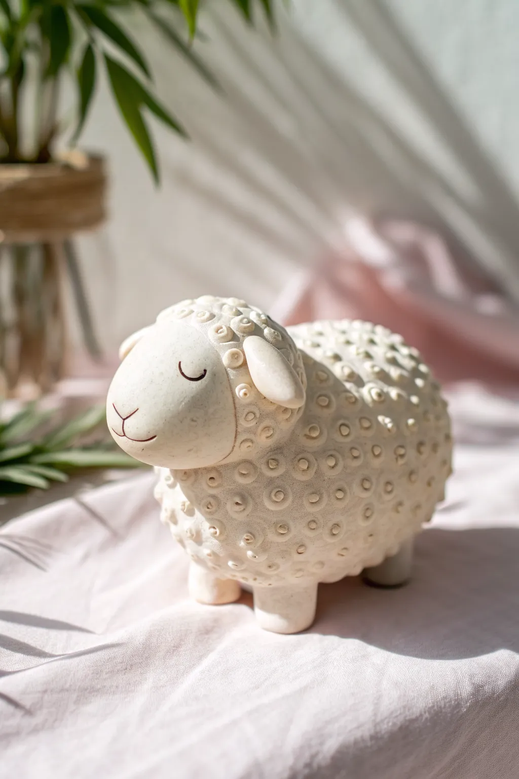 Fluffy little air-dry clay sheep with textured wool, perfect for minimalist boho decor.
