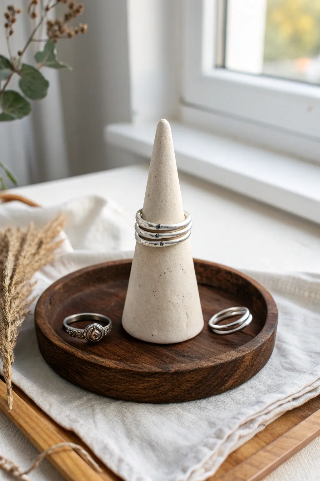 Minimal matte air-clay ring cone holder with stacked rings, perfect for a calm boho vanity.