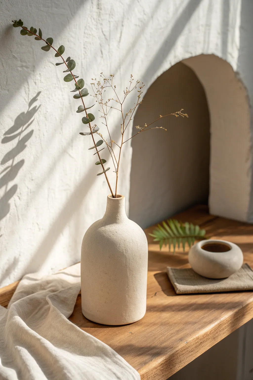 Simple air-dry clay arch bud vase on a sunlit shelf, handmade Scandi minimal with boho warmth.