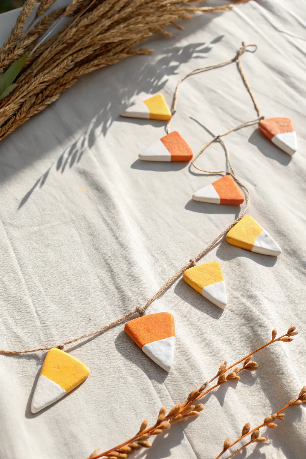 Simple air-dry clay candy corn garland tiles in soft neutrals for a cozy minimalist Halloween