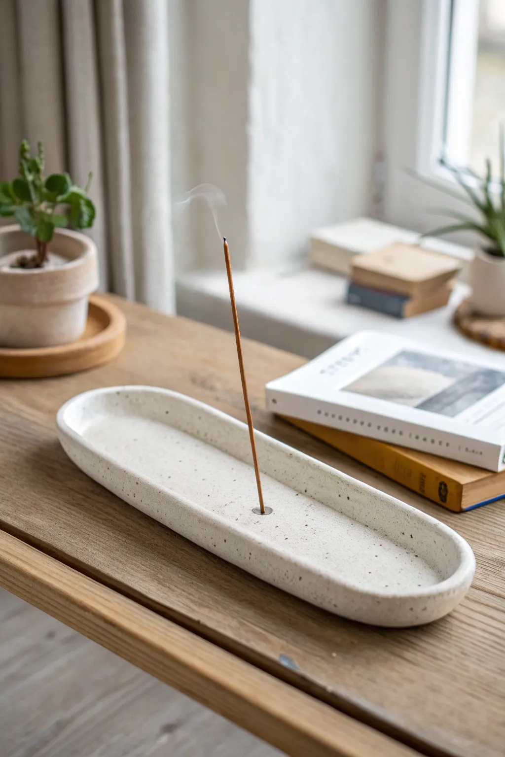Minimal air dry clay incense tray with clean lines for a calm, modern boho corner.
