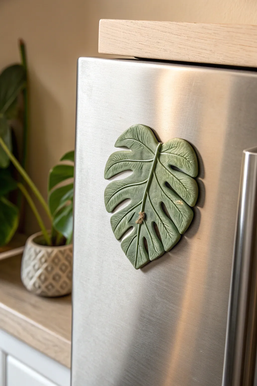 Matte green air-dry clay leaf magnet with herb sprig detail, minimal boho style, high contrast