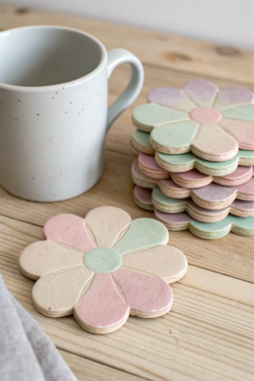 Soft pastel flower coasters in air dry clay, stacked neatly with a cozy mug for styling.
