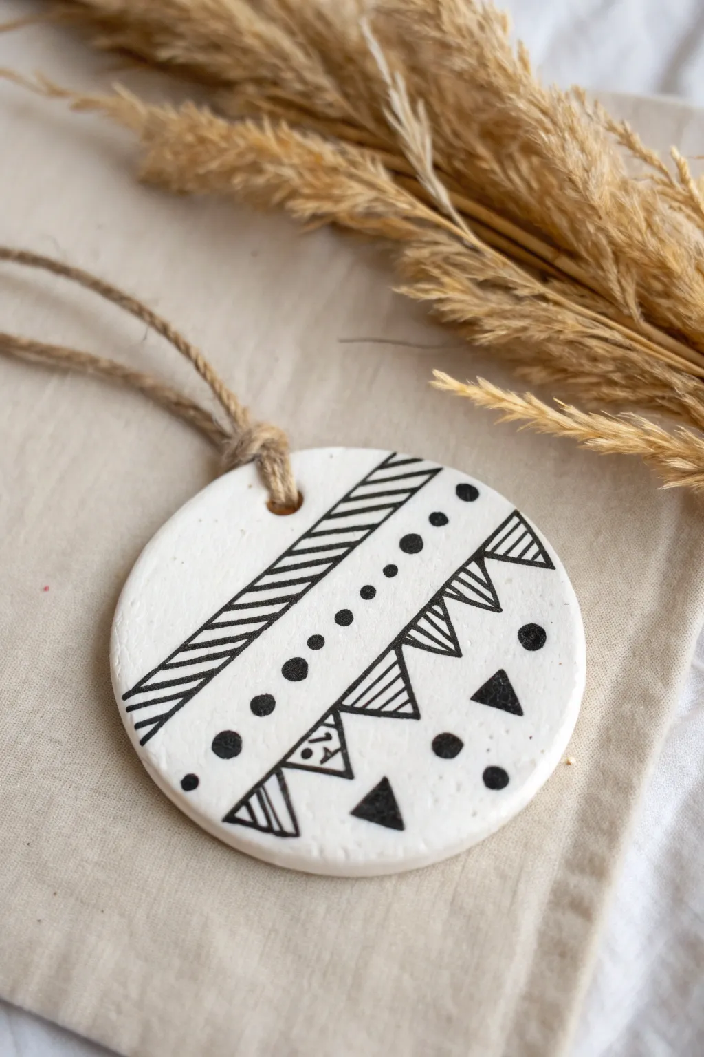 Minimal black and white air clay ornament with bold dots and stripes, Scandinavian calm