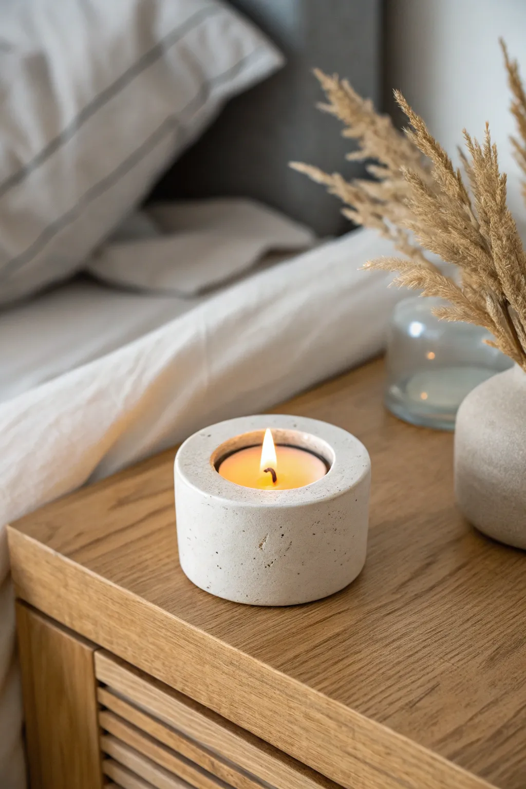 Minimalist air dry clay tealight holder glowing softly for cozy Scandinavian nightstand vibes.