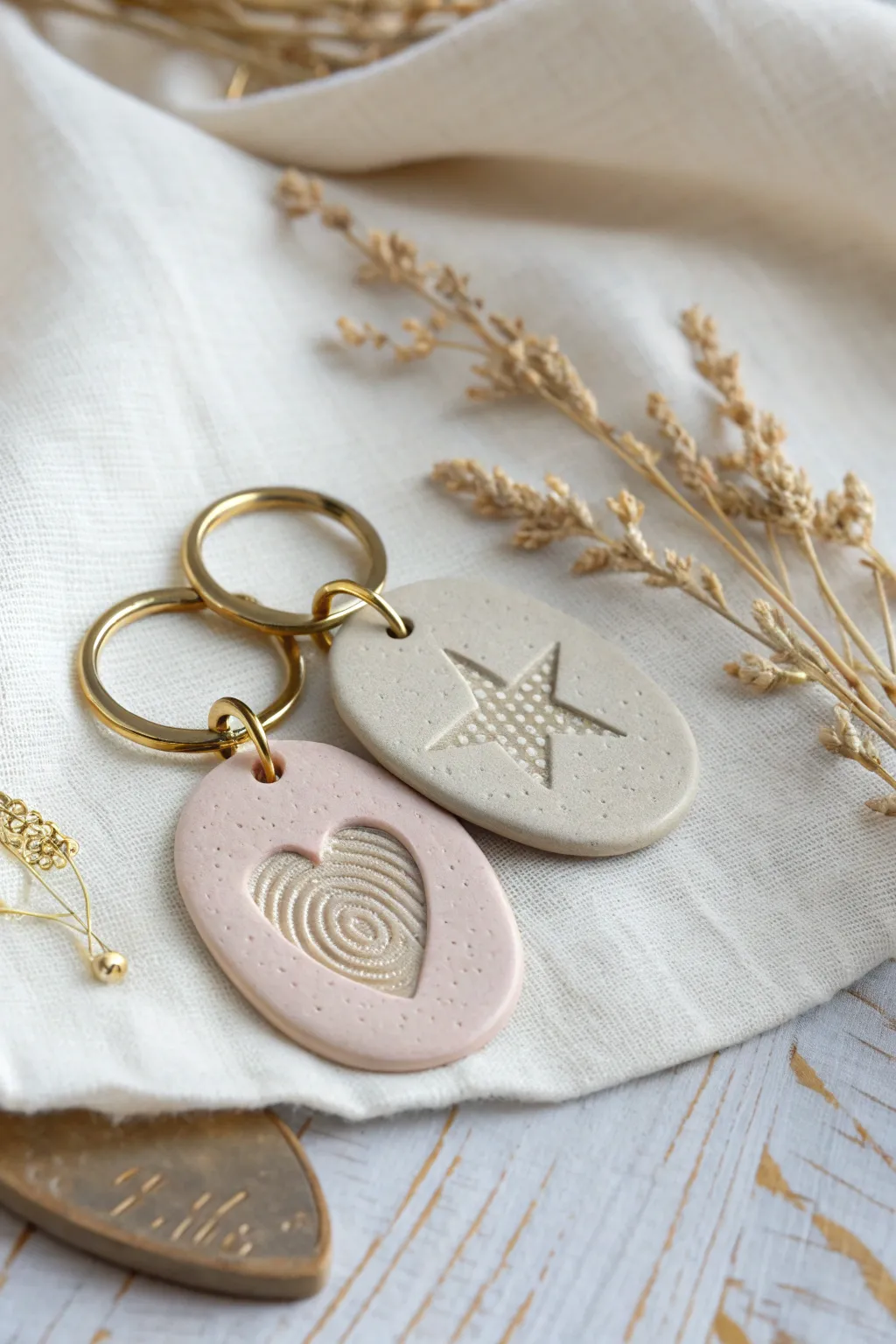 Matching thumbprint clay keychains in blush and sage, a simple handmade date-night keepsake
