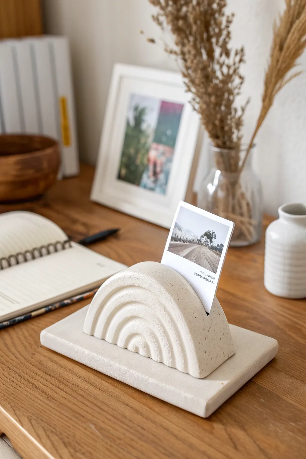 Minimal wave-shaped air dry clay photo holder, styled on a calm neutral desk with soft contrast