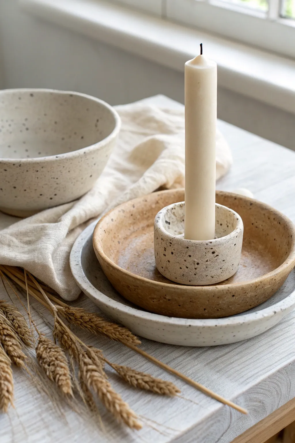 Speckled faux ceramic air dry clay taper holder styled with linen and a minimal bowl