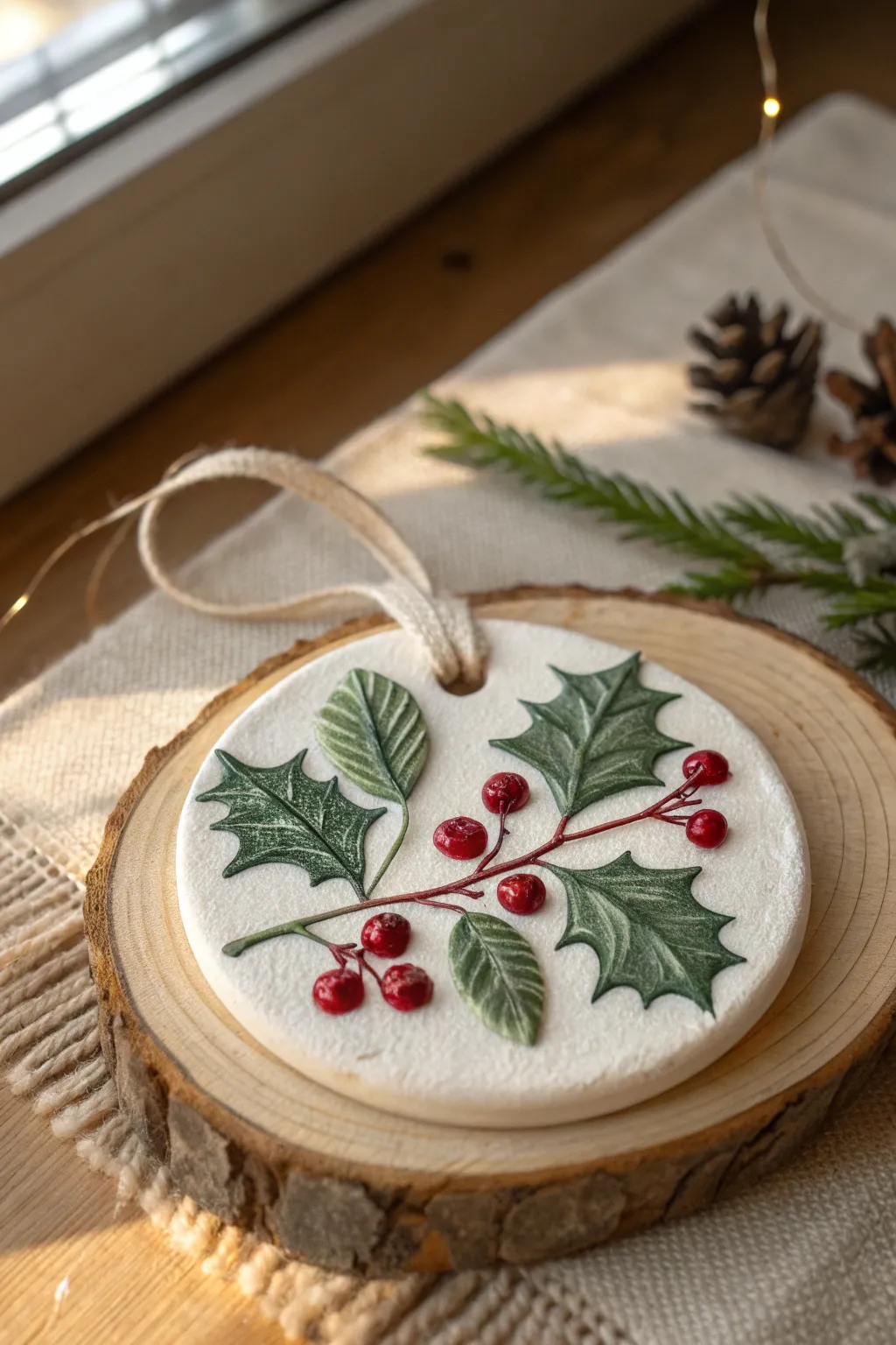 Minimal holly relief medallion in red and green, perfect air-dry clay Christmas décor.