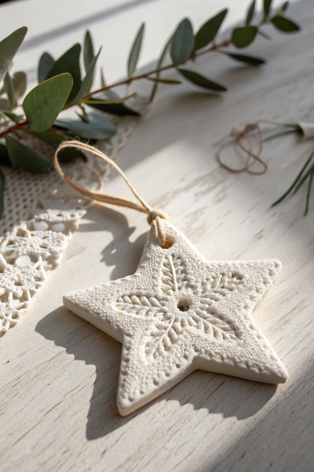 Air dry clay lace star ornament in a bright Scandinavian-boho holiday setting, simple and handmade.