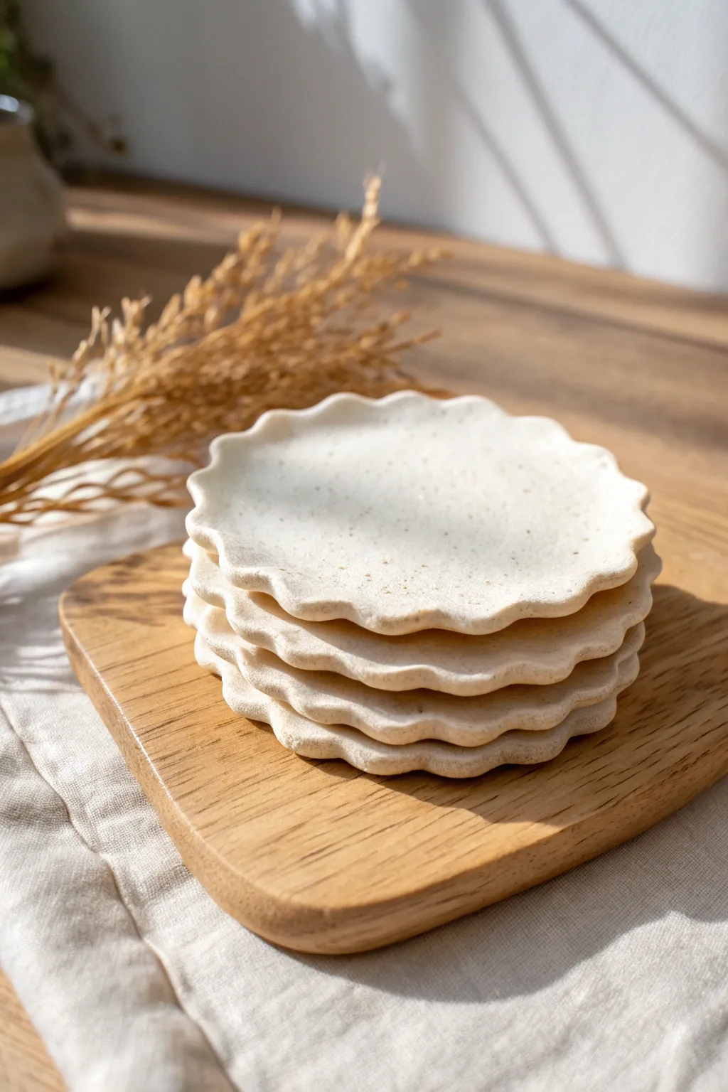 Organic wavy-edge air-dry clay coasters in warm off-white for a simple handmade look