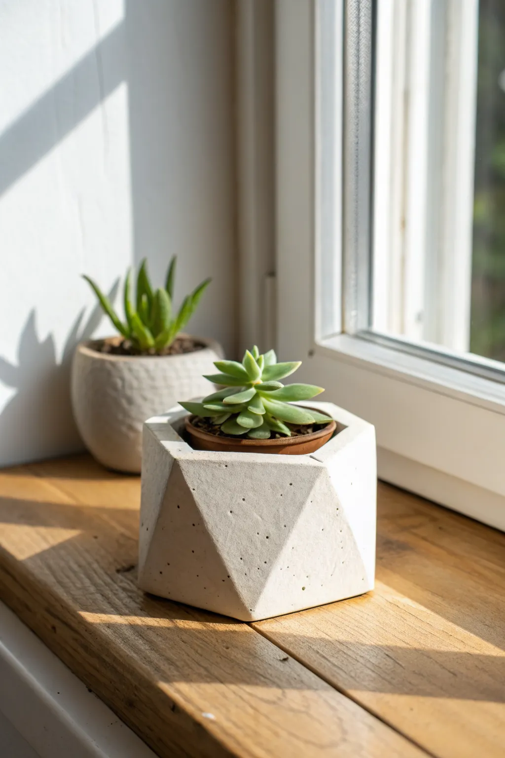Tiny air dry clay succulent planter in soft sunlight, minimalist Scandi boho charm.
