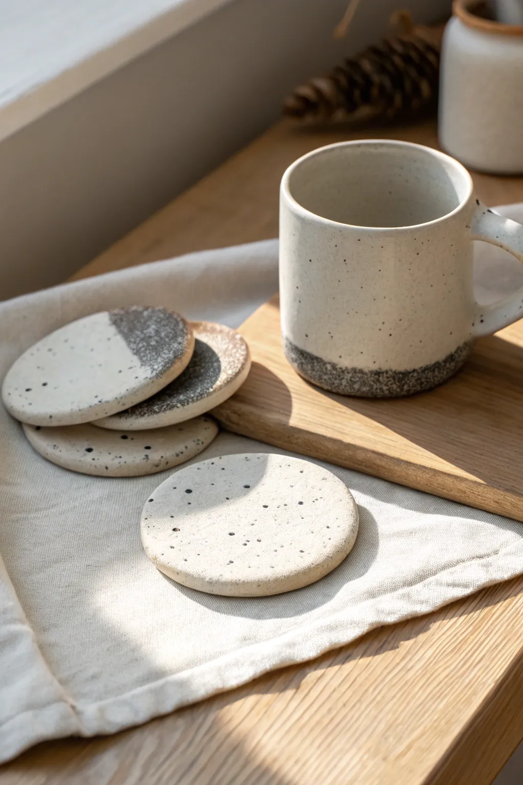 Speckled faux-ceramic air dry clay coasters styled with a neutral mug and soft linen