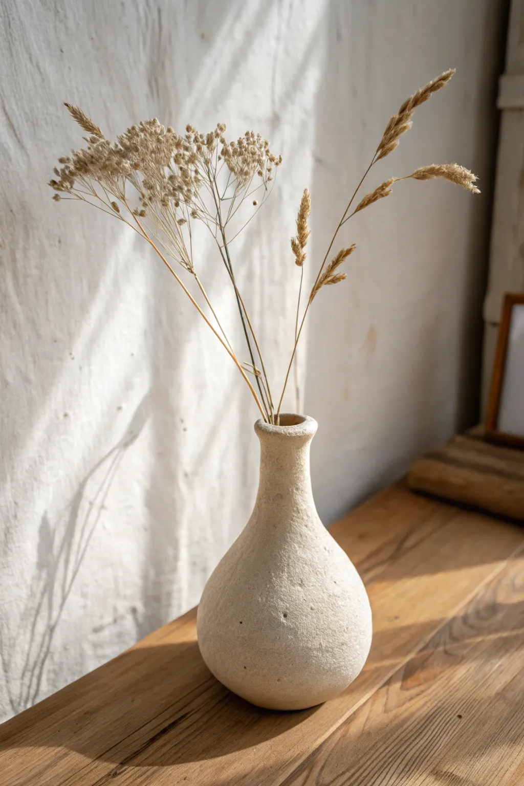 A petite air dry clay bud vase with dried stems, perfect for simple Scandinavian-boho decor.