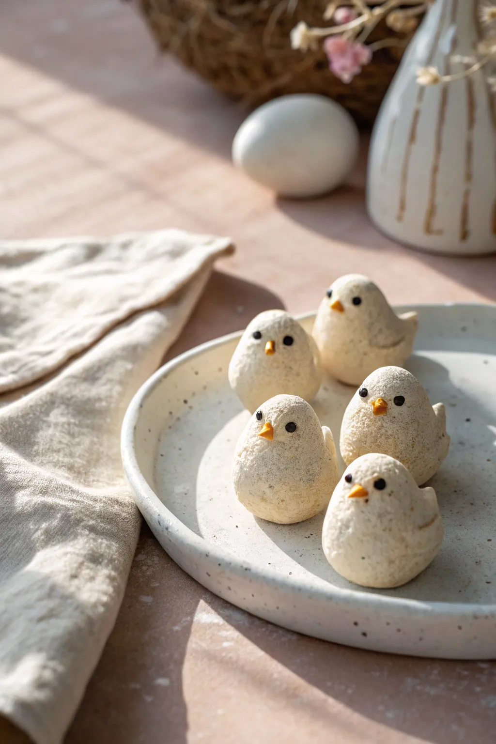 Sweet air dry clay chick pebbles in soft pastels, a minimalist Easter accent for your shelf.