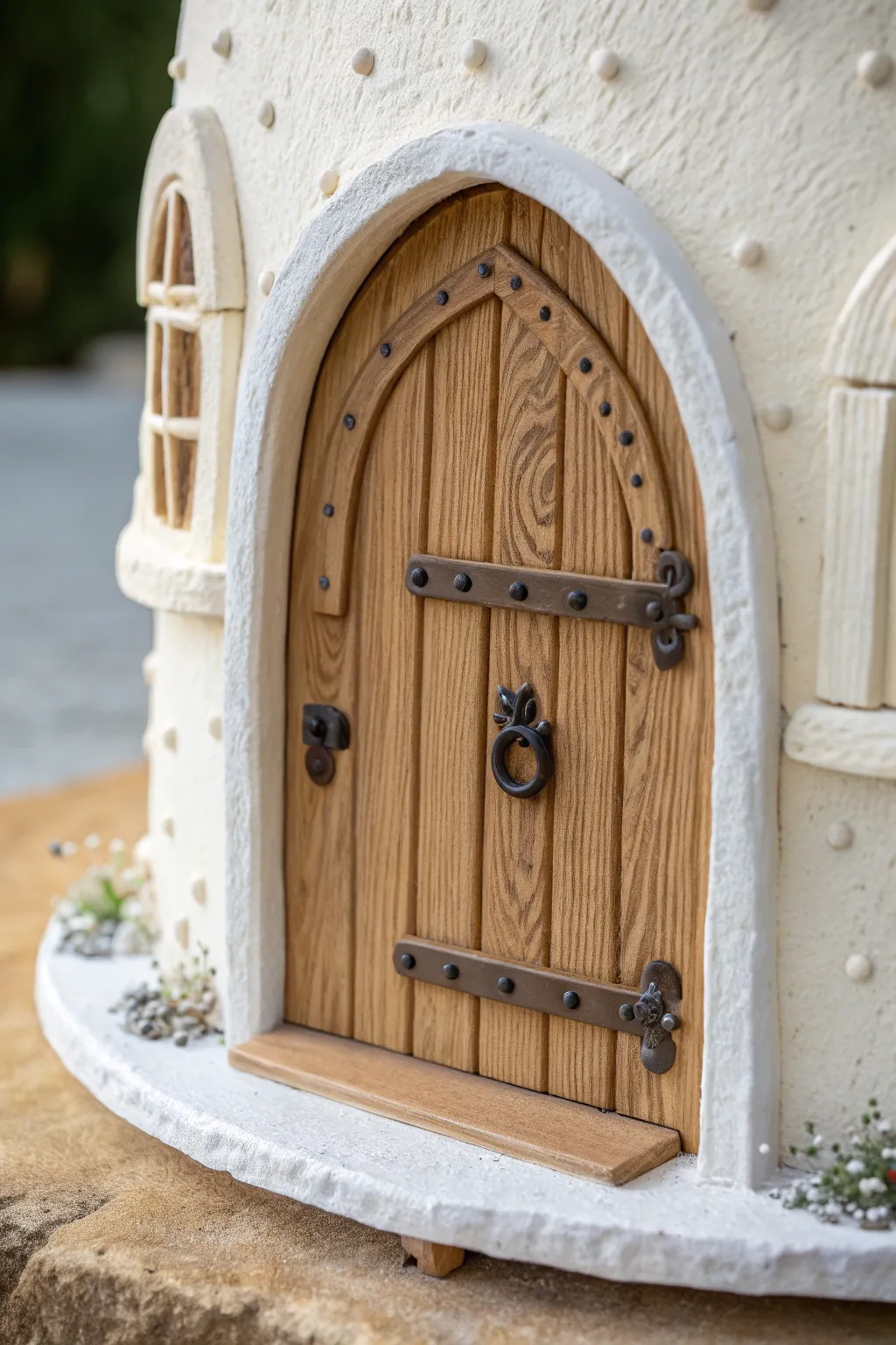 Arched clay fairy door with faux hinges, simple craftsmanship and cozy Scandinavian-boho charm