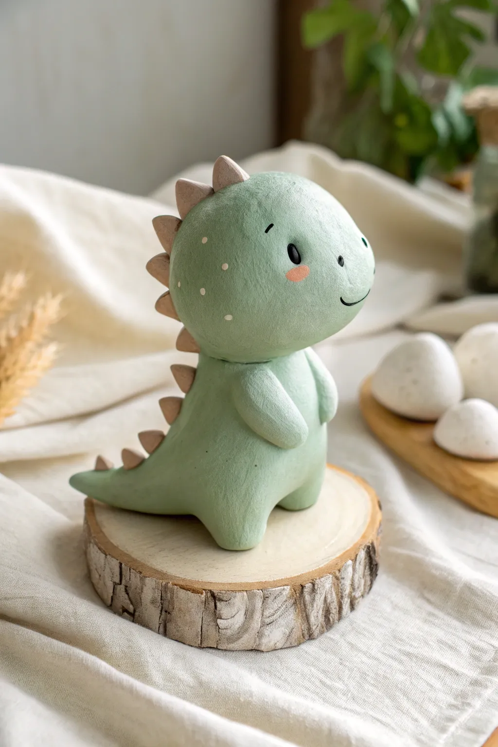 Pastel baby dinosaur buddy figurine in air dry clay, simple shapes and sweet minimalist details