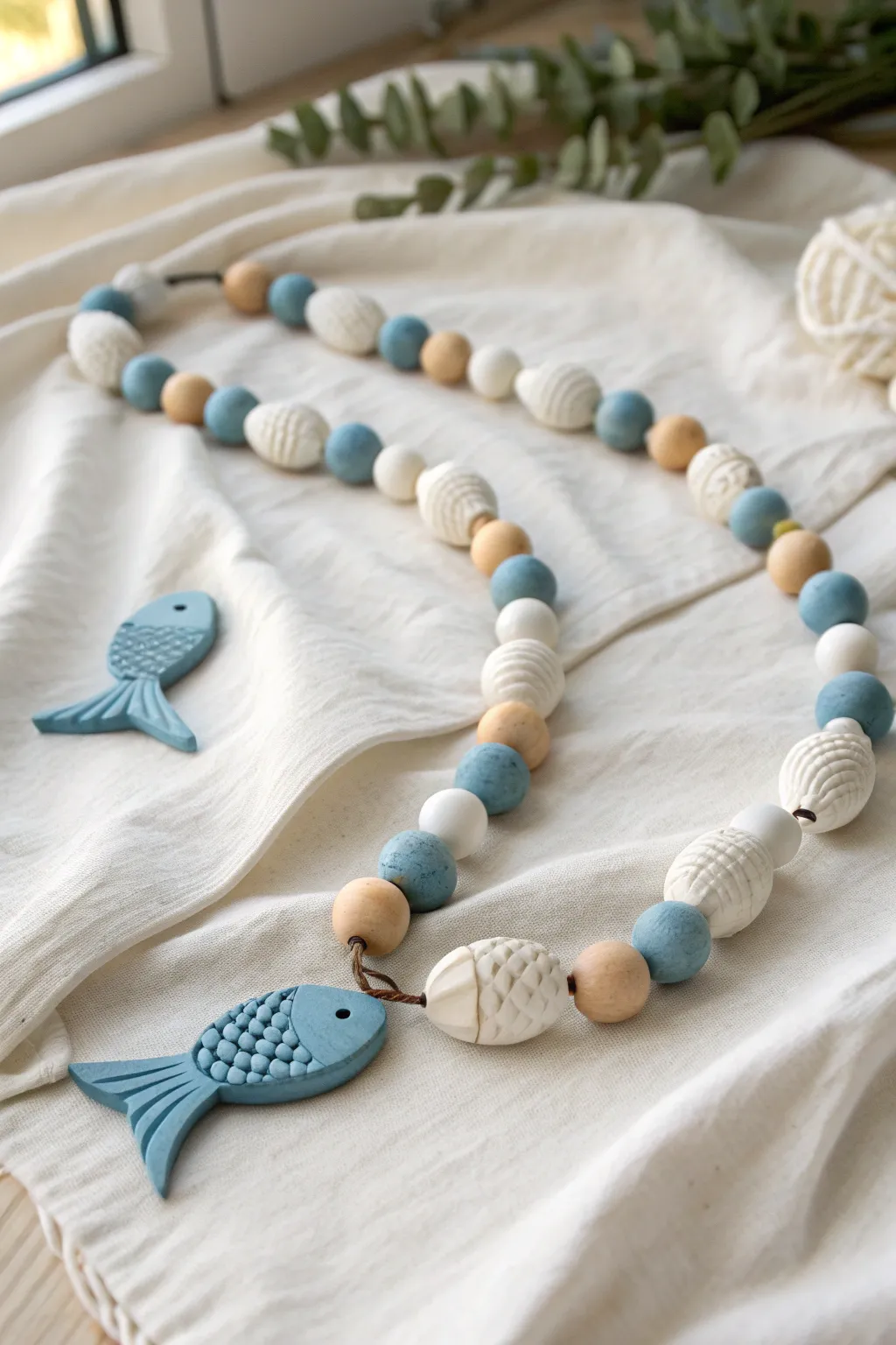 Scandi-boho beaded garland with air dry clay fish in sea blues for a calm coastal touch.