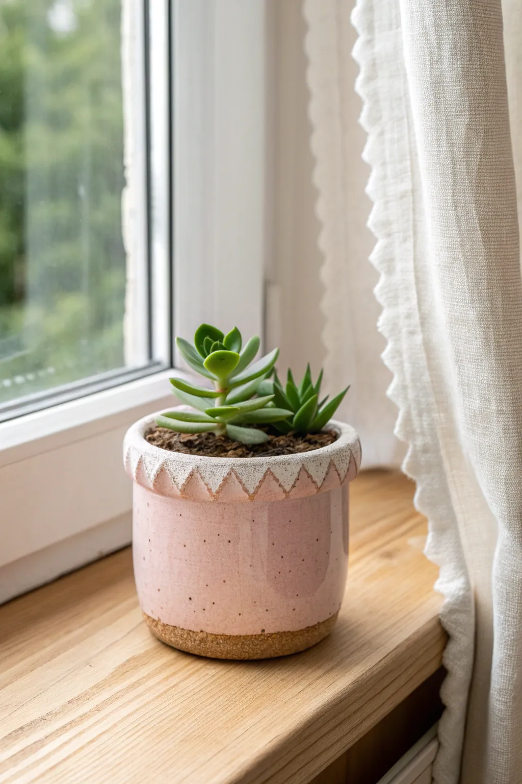 Sweet scalloped pastel clay pot with a perky succulent, glowing in soft window light.
