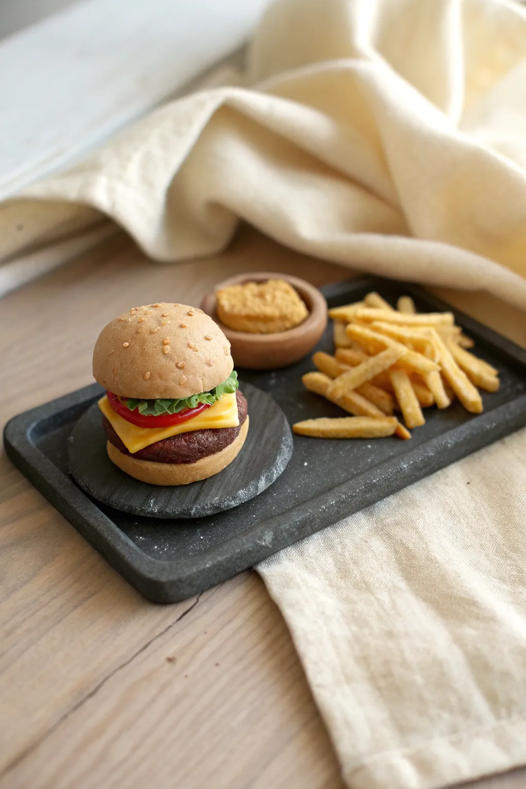 Mini air-dry clay burger and fries on a tiny tray, simple layers, cozy Scandinavian diner vibe.