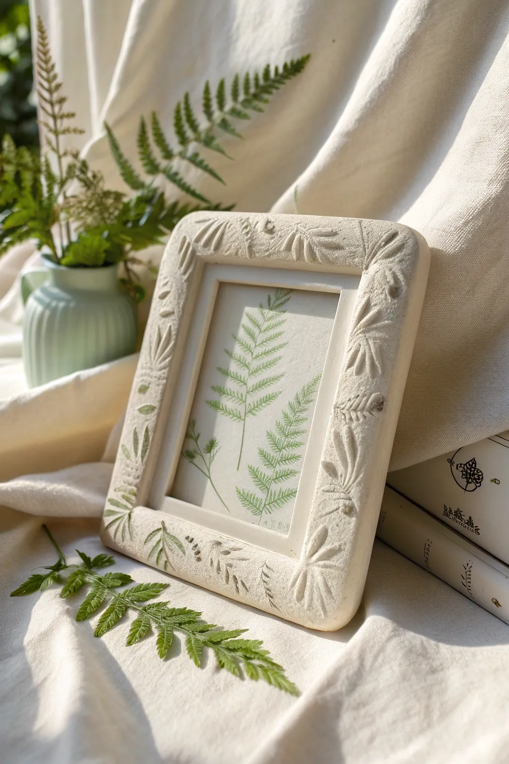 Minimal air dry clay frame with pressed fern details and a soft sage wash on linen backdrop