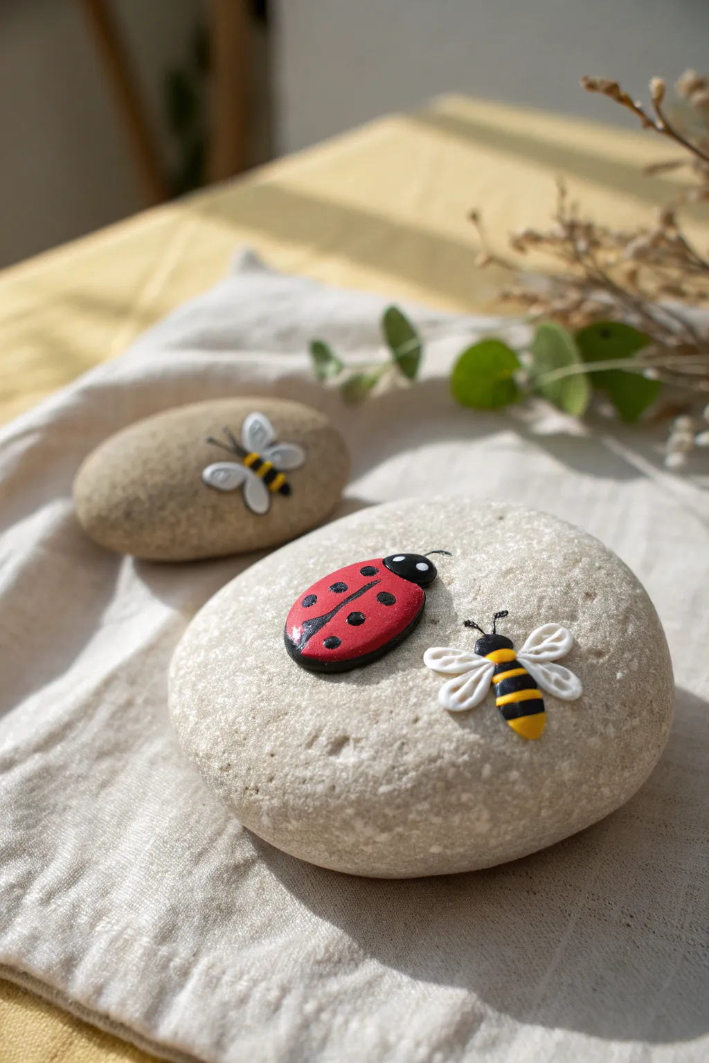 Playful air dry clay ladybug and bee rock accents for a minimal, boho garden pop