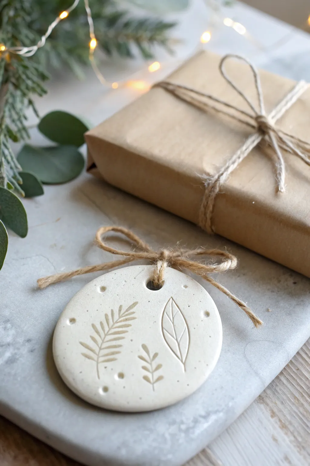 Simple air dry clay gift tag ornament with twine, adding handmade charm to wrapped gifts.