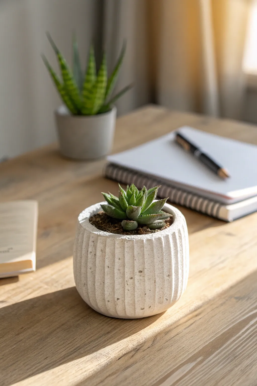 Textured air-dry clay succulent planter for a cozy minimalist desk, simple and giftable.