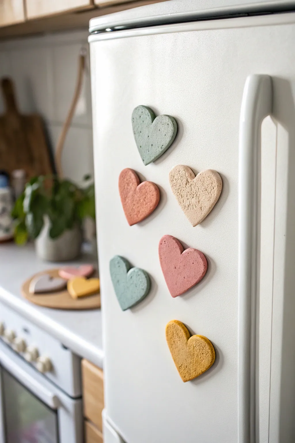 Sweet air dry clay heart magnets in soft boho colors, a simple DIY pop for your fridge.