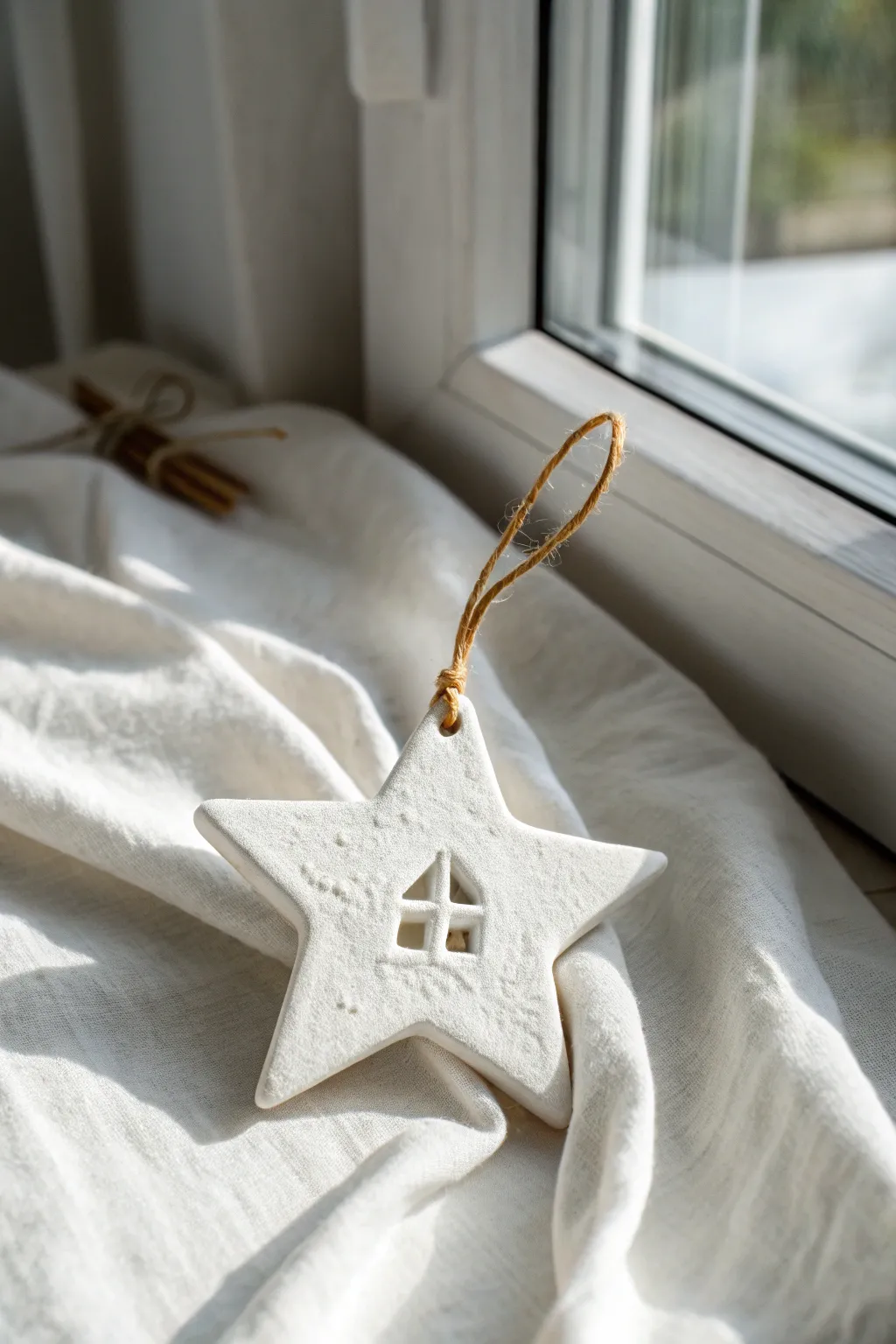 Matte white clay star and tiny house ornament for a cozy minimalist Scandi holiday look.