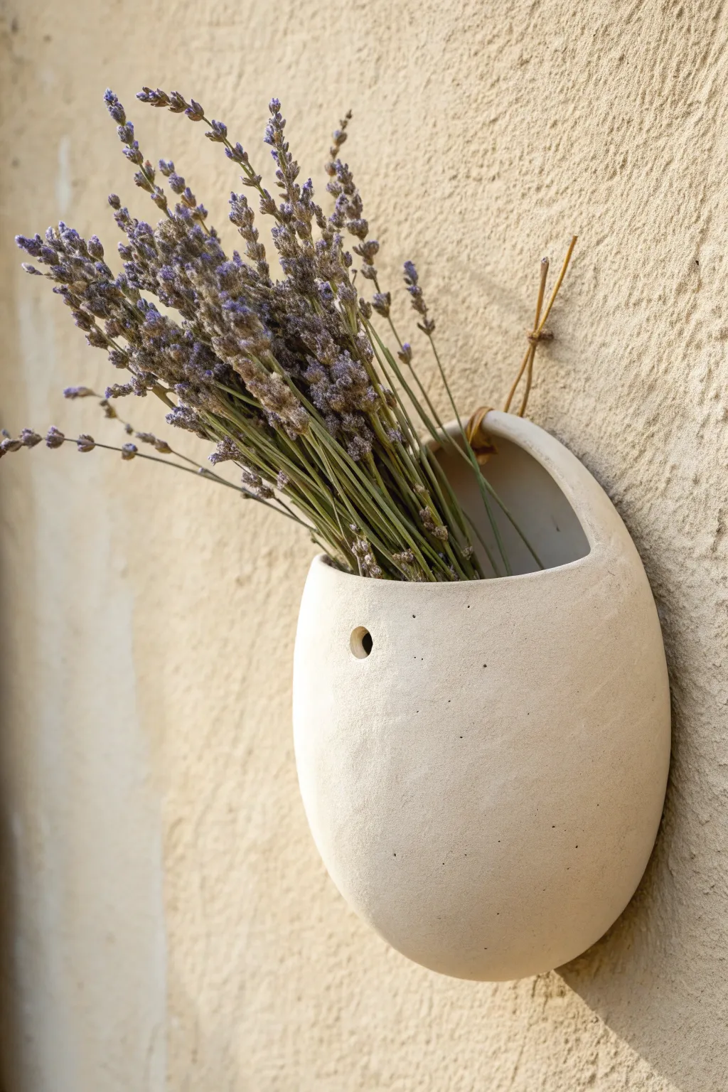 Minimal air dry clay wall pocket filled with dried lavender for calm, handcrafted decor