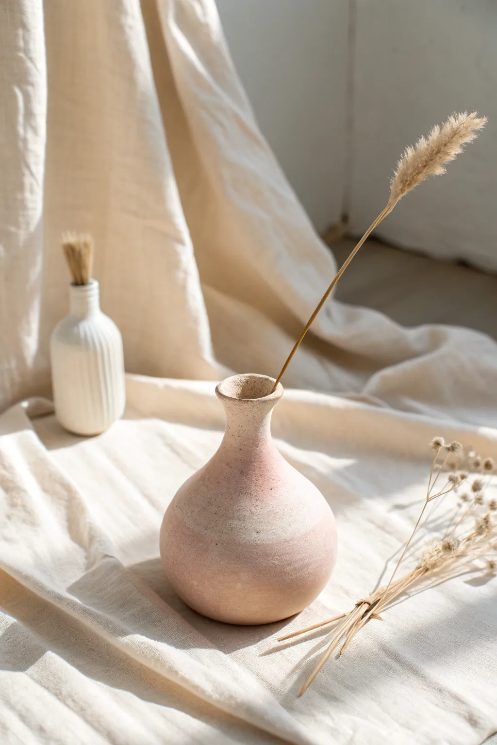 Matte pastel mini bud vase with one dried stem, bright natural light and calming negative space