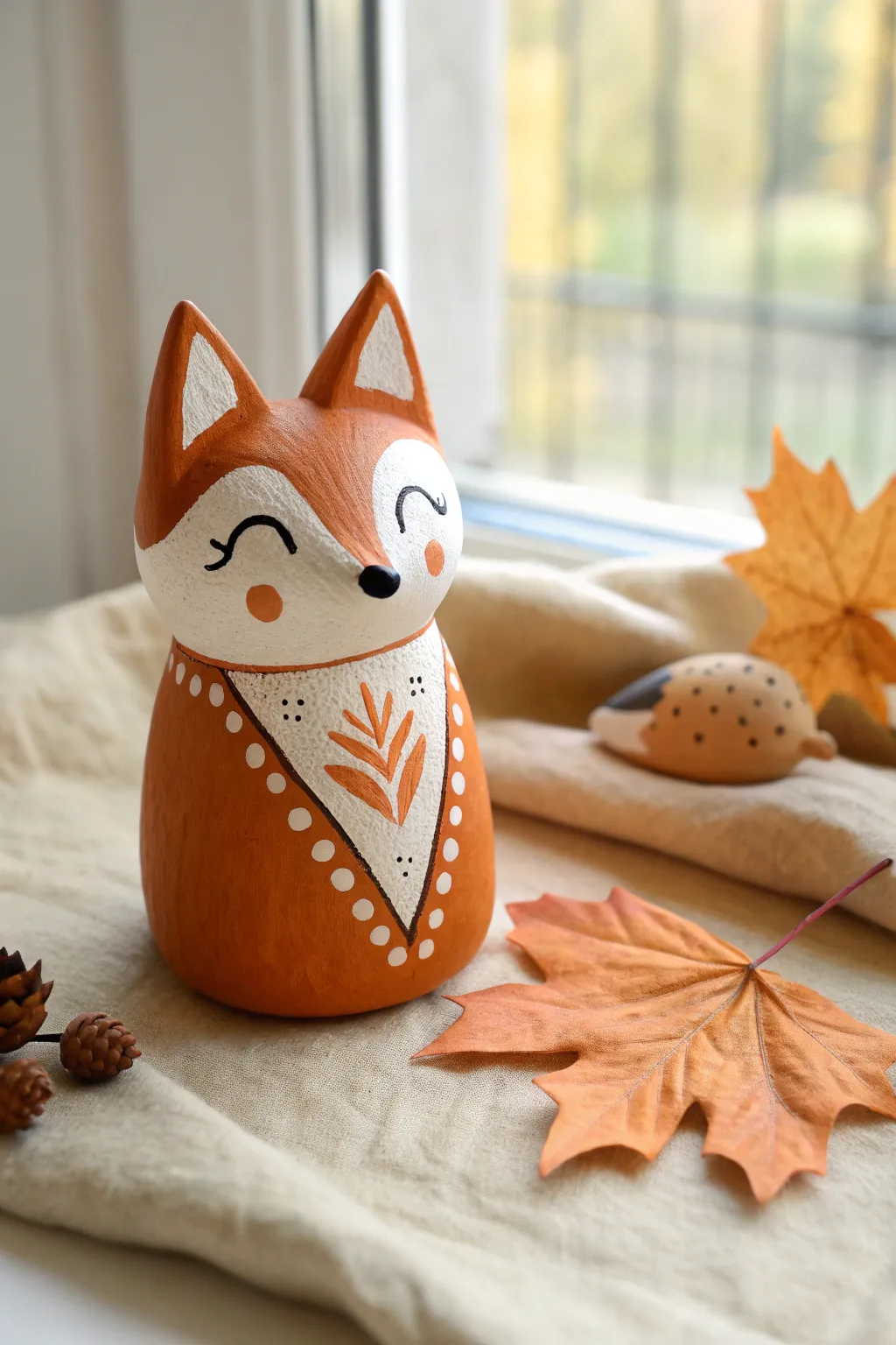 Minimal air dry clay fox with pointy ears and a painted mask, cozy autumn vibes in soft light