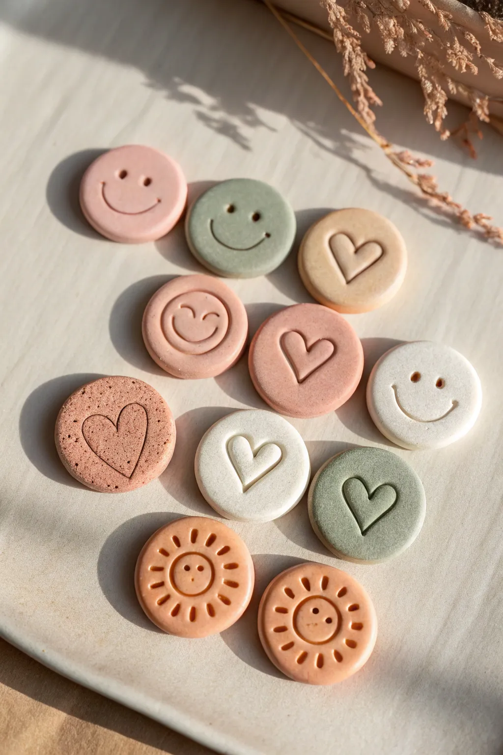 Beginner air dry clay fridge magnets in soft boho neutrals, made from cute basic shapes