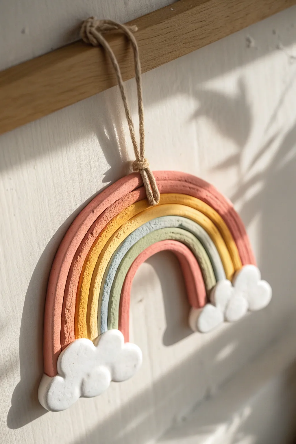 Easy rainbow clay plaque with puffy clouds, bright bands, and a simple string hanger