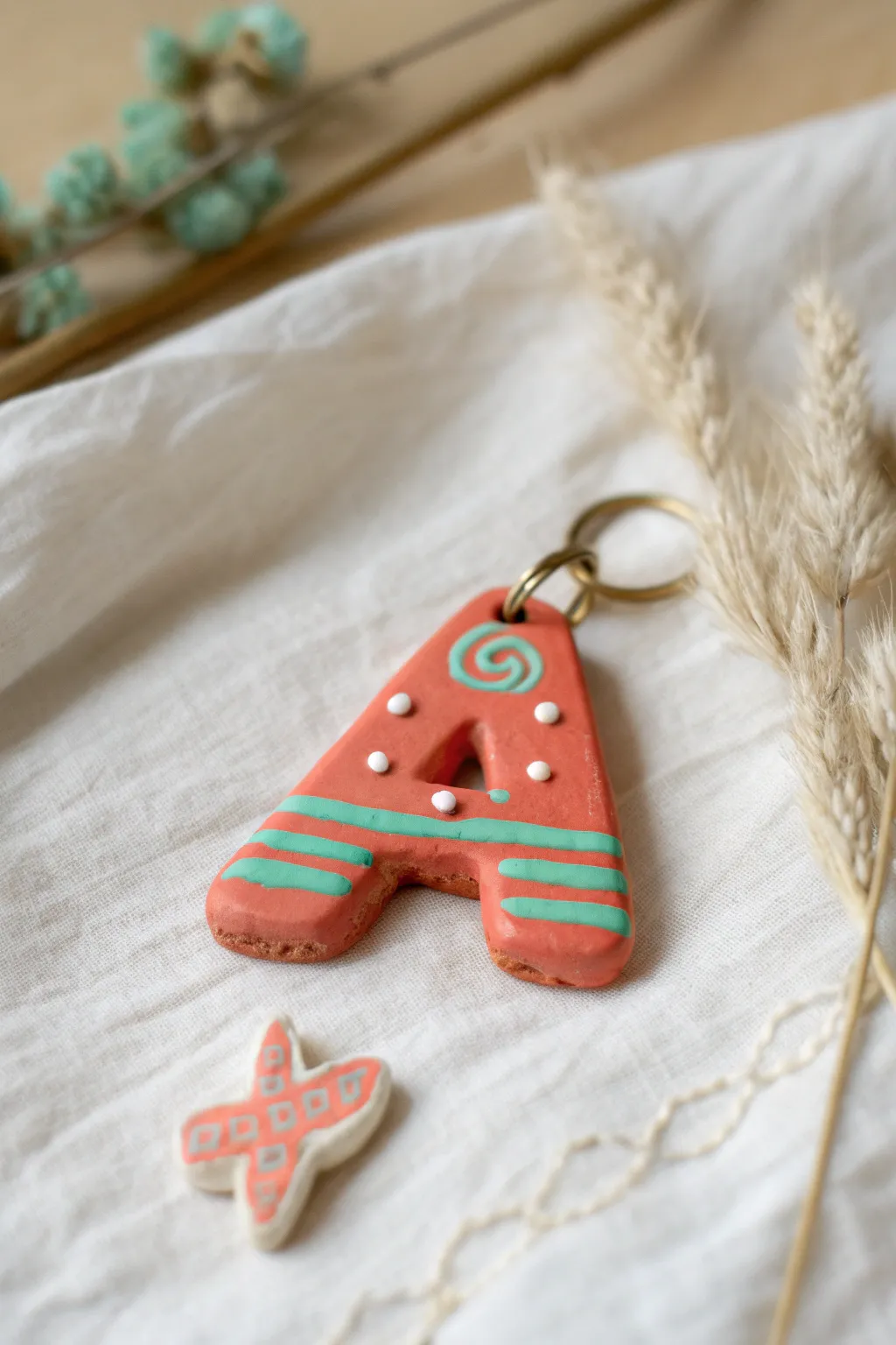 Bright, chunky clay initial charms on a simple keyring, perfect for easy kid-made gifts.