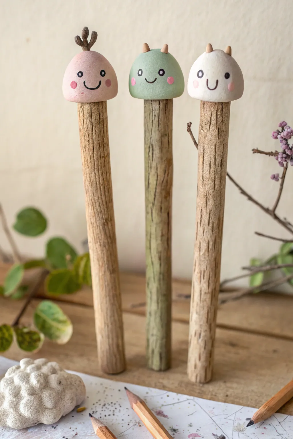 Cute air dry clay pencil toppers with silly faces, an easy kid friendly craft idea.