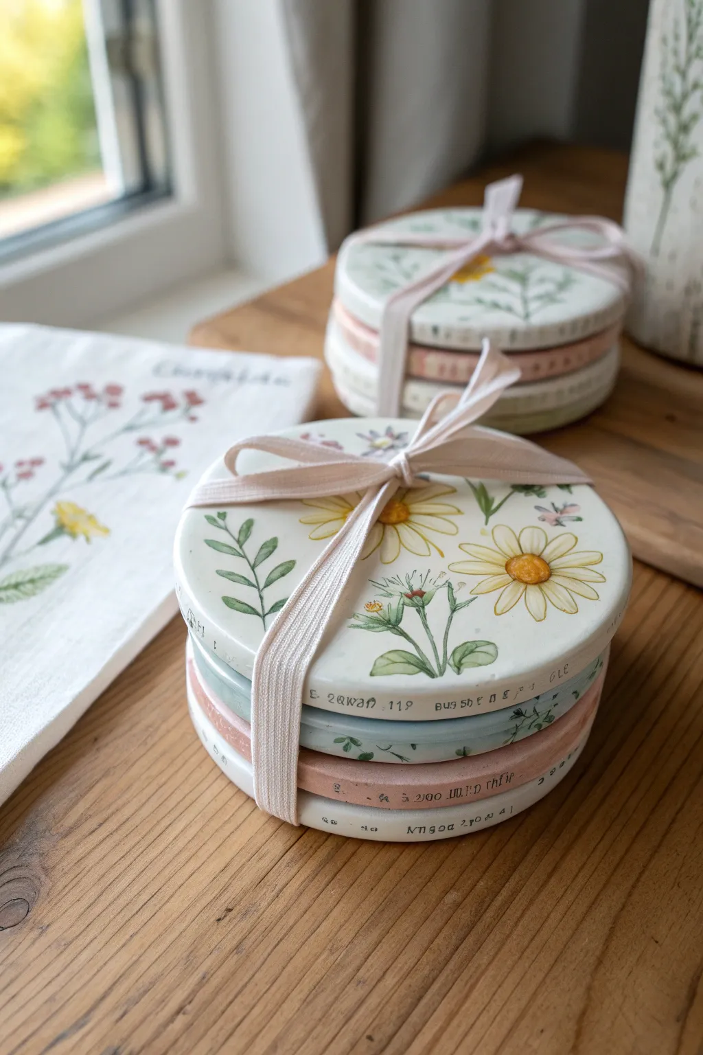 Pastel daisy clay coasters tied with a blush ribbon, a simple handmade Mothers Day gift