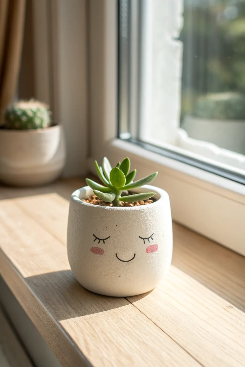 Cute air-dry clay mini face planter with tiny succulent, perfect teen room decor on a sunny sill