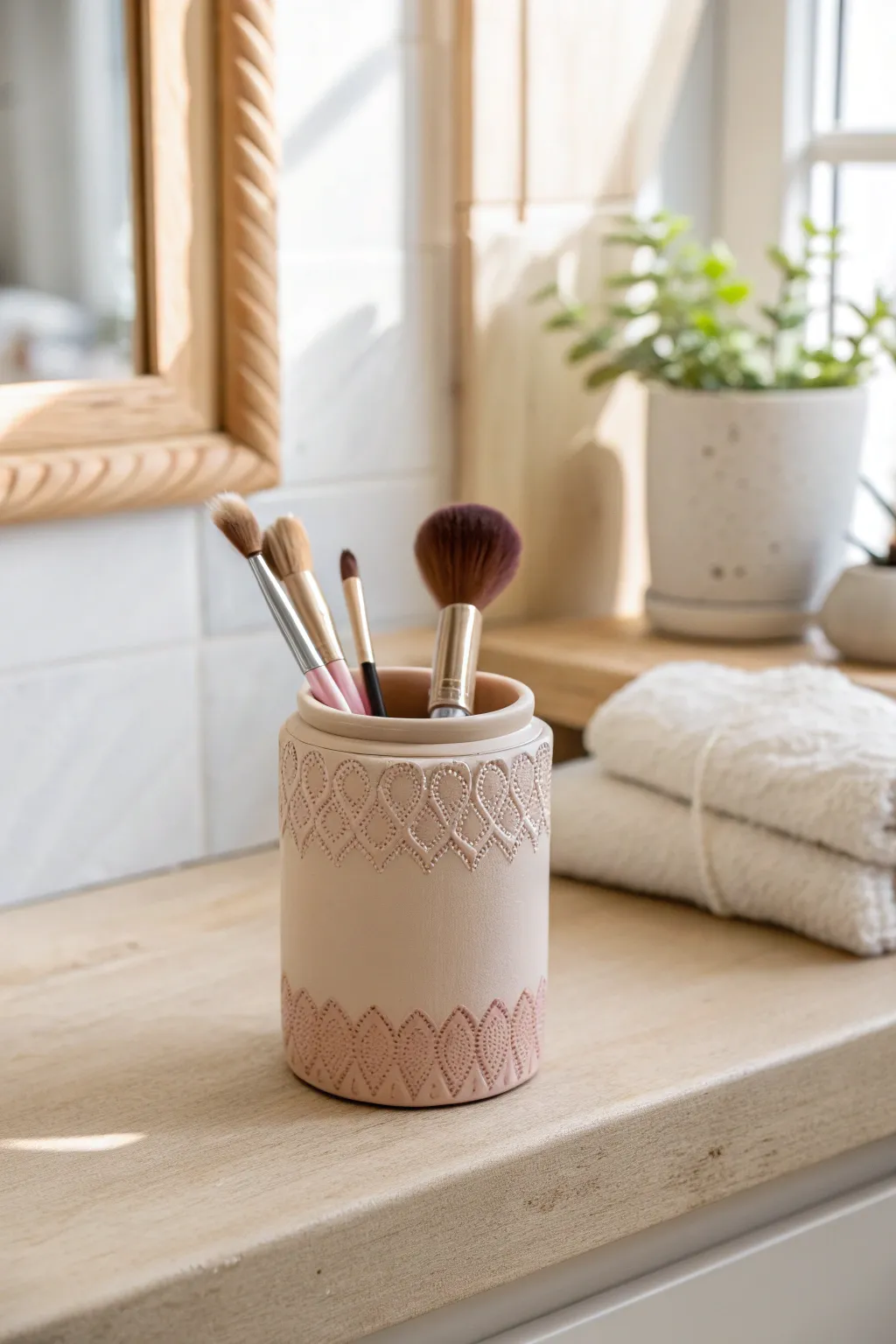 Soft pastel scalloped air-dry clay jar cover idea for a chic, minimalist bathroom vanity